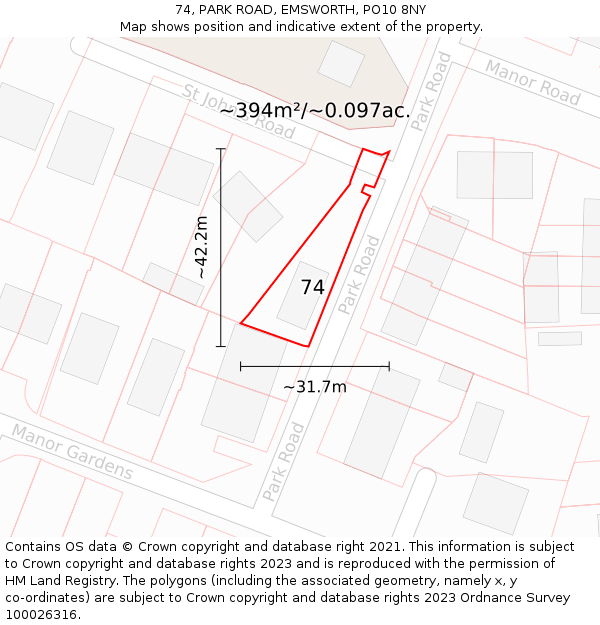 74, PARK ROAD, EMSWORTH, PO10 8NY: Plot and title map