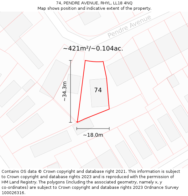 74, PENDRE AVENUE, RHYL, LL18 4NQ: Plot and title map