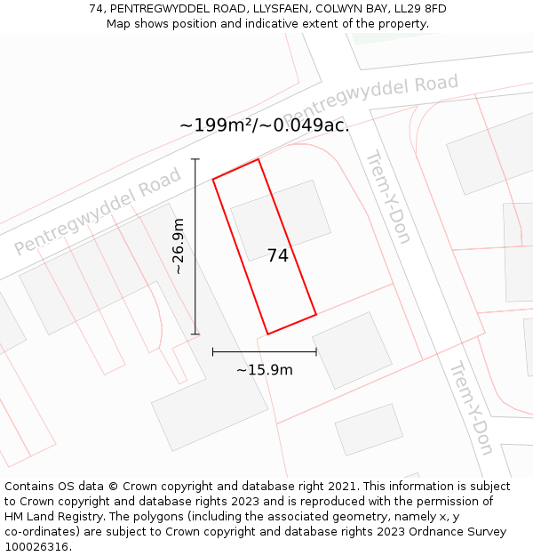 74, PENTREGWYDDEL ROAD, LLYSFAEN, COLWYN BAY, LL29 8FD: Plot and title map