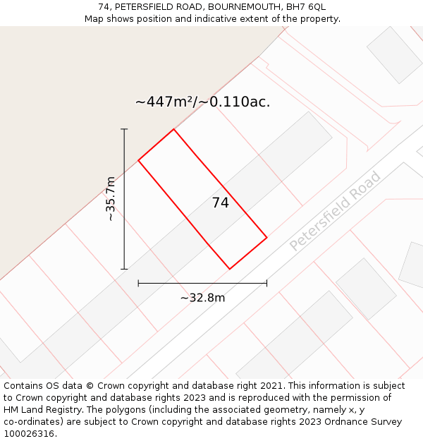 74, PETERSFIELD ROAD, BOURNEMOUTH, BH7 6QL: Plot and title map