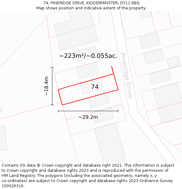 74, PINERIDGE DRIVE, KIDDERMINSTER, DY11 6BQ: Plot and title map