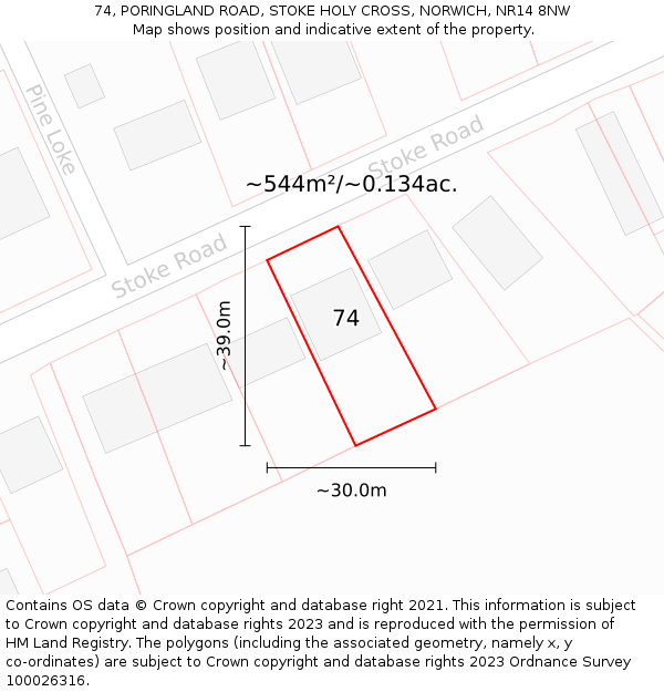 74, PORINGLAND ROAD, STOKE HOLY CROSS, NORWICH, NR14 8NW: Plot and title map