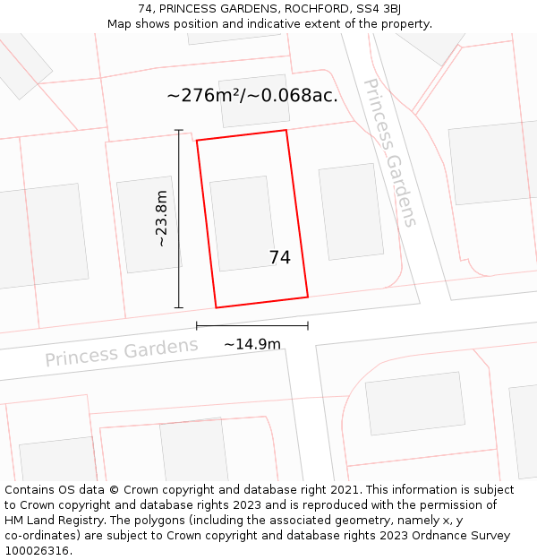 74, PRINCESS GARDENS, ROCHFORD, SS4 3BJ: Plot and title map