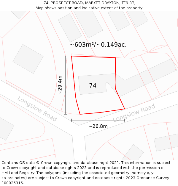 74, PROSPECT ROAD, MARKET DRAYTON, TF9 3BJ: Plot and title map