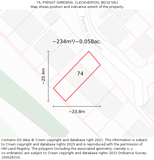 74, PYENOT GARDENS, CLECKHEATON, BD19 5AU: Plot and title map