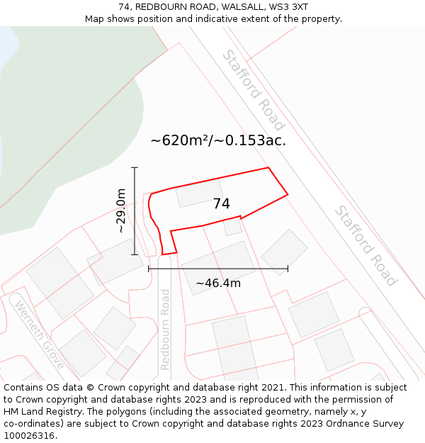 74, REDBOURN ROAD, WALSALL, WS3 3XT: Plot and title map