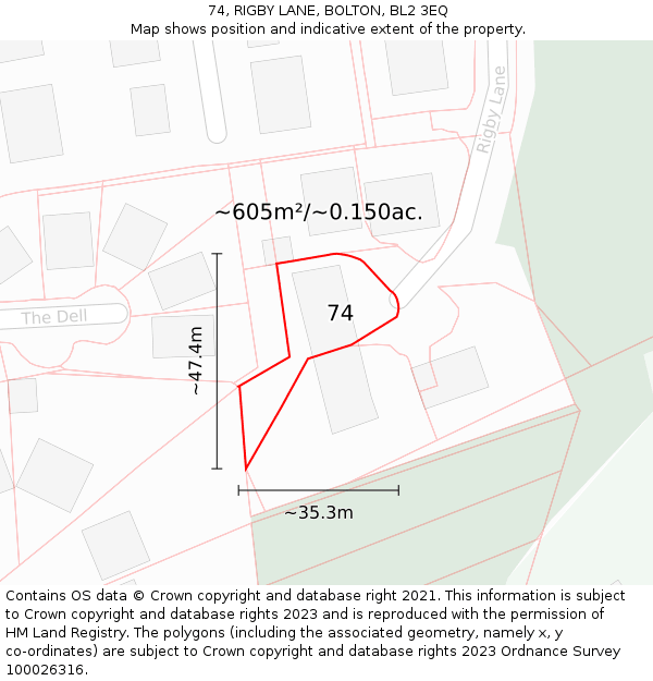 74, RIGBY LANE, BOLTON, BL2 3EQ: Plot and title map