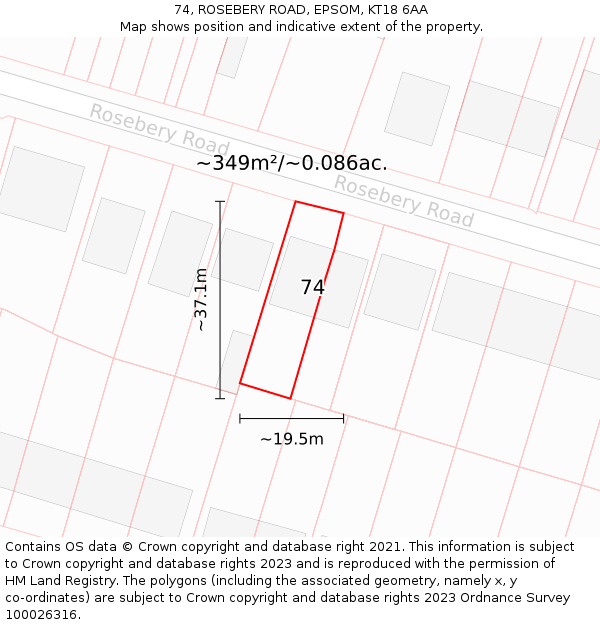 74, ROSEBERY ROAD, EPSOM, KT18 6AA: Plot and title map