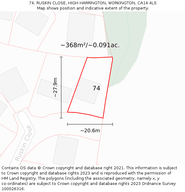 74, RUSKIN CLOSE, HIGH HARRINGTON, WORKINGTON, CA14 4LS: Plot and title map