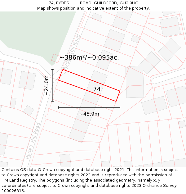 74, RYDES HILL ROAD, GUILDFORD, GU2 9UG: Plot and title map