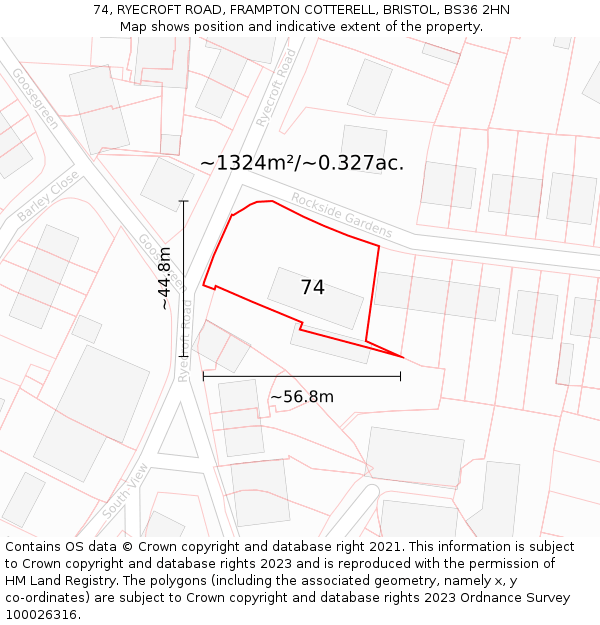 74, RYECROFT ROAD, FRAMPTON COTTERELL, BRISTOL, BS36 2HN: Plot and title map