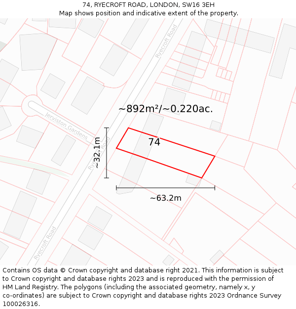 74, RYECROFT ROAD, LONDON, SW16 3EH: Plot and title map