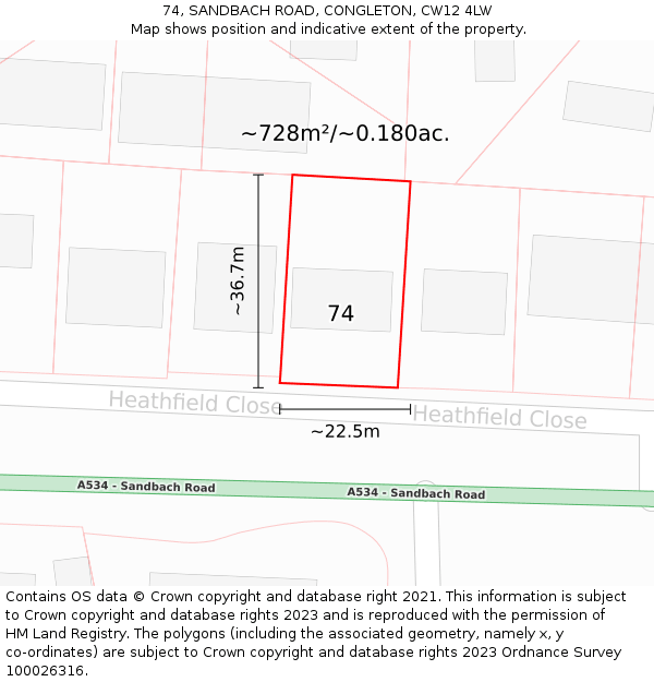 74, SANDBACH ROAD, CONGLETON, CW12 4LW: Plot and title map