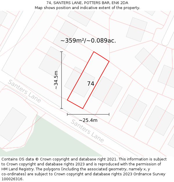 74, SANTERS LANE, POTTERS BAR, EN6 2DA: Plot and title map