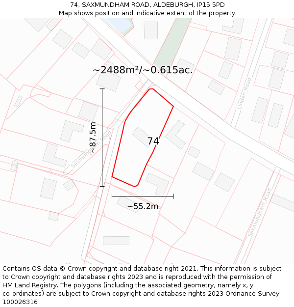 74, SAXMUNDHAM ROAD, ALDEBURGH, IP15 5PD: Plot and title map