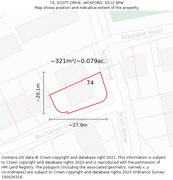 74, SCOTT DRIVE, WICKFORD, SS12 9PW: Plot and title map