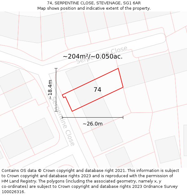 74, SERPENTINE CLOSE, STEVENAGE, SG1 6AR: Plot and title map