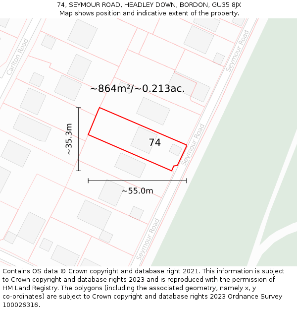 74, SEYMOUR ROAD, HEADLEY DOWN, BORDON, GU35 8JX: Plot and title map