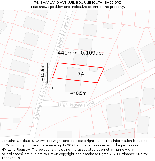 74, SHAPLAND AVENUE, BOURNEMOUTH, BH11 9PZ: Plot and title map
