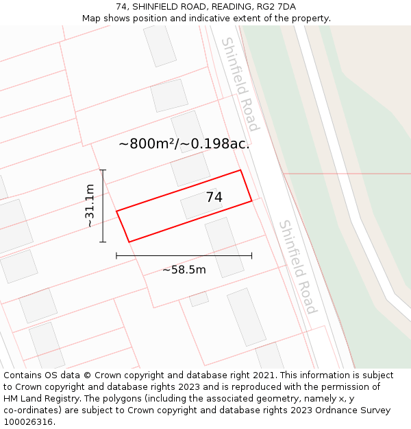 74, SHINFIELD ROAD, READING, RG2 7DA: Plot and title map