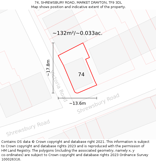 74, SHREWSBURY ROAD, MARKET DRAYTON, TF9 3DL: Plot and title map