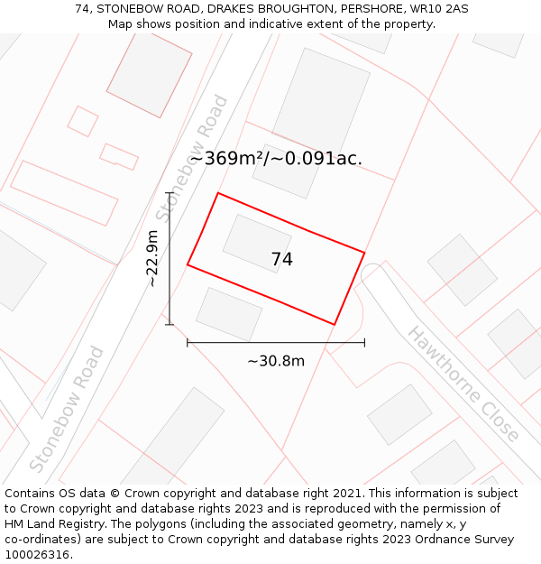 74, STONEBOW ROAD, DRAKES BROUGHTON, PERSHORE, WR10 2AS: Plot and title map