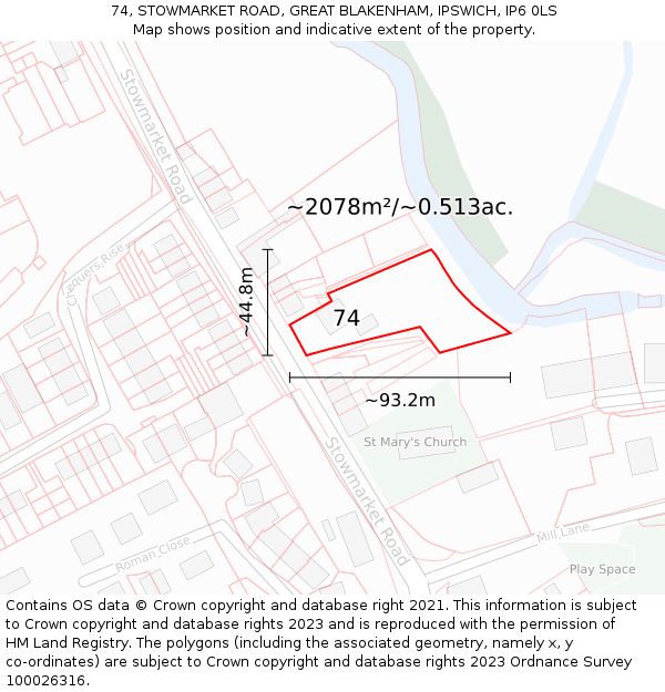 74, STOWMARKET ROAD, GREAT BLAKENHAM, IPSWICH, IP6 0LS: Plot and title map