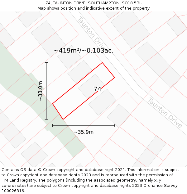 74, TAUNTON DRIVE, SOUTHAMPTON, SO18 5BU: Plot and title map