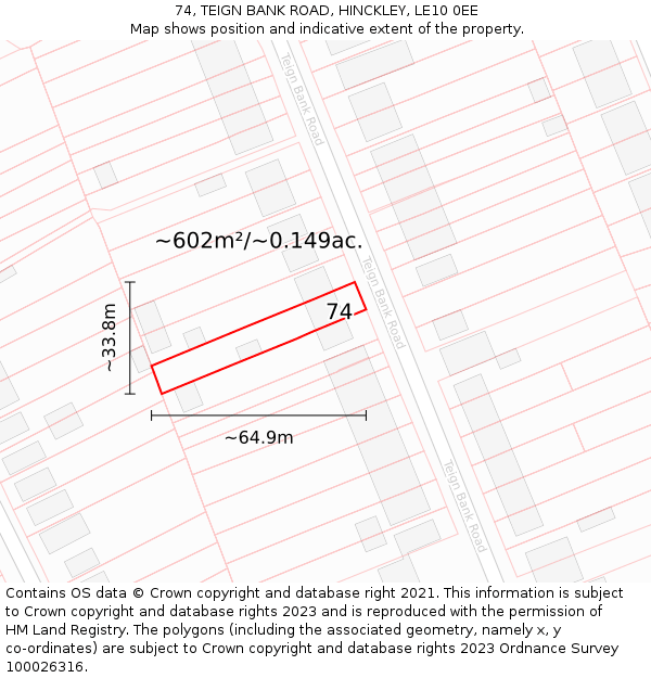 74, TEIGN BANK ROAD, HINCKLEY, LE10 0EE: Plot and title map