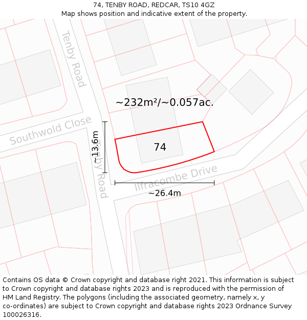74, TENBY ROAD, REDCAR, TS10 4GZ: Plot and title map