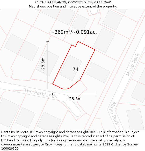 74, THE PARKLANDS, COCKERMOUTH, CA13 0WW: Plot and title map