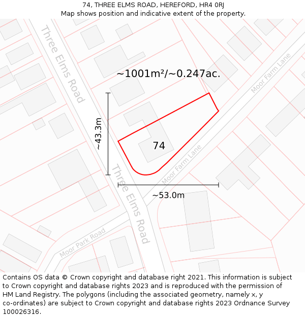 74, THREE ELMS ROAD, HEREFORD, HR4 0RJ: Plot and title map