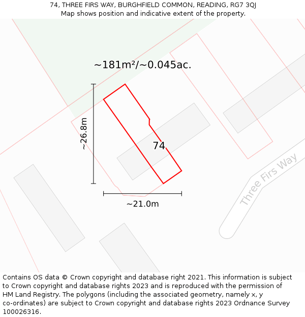 74, THREE FIRS WAY, BURGHFIELD COMMON, READING, RG7 3QJ: Plot and title map