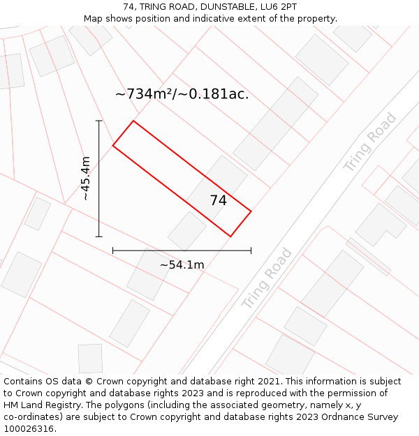 74, TRING ROAD, DUNSTABLE, LU6 2PT: Plot and title map