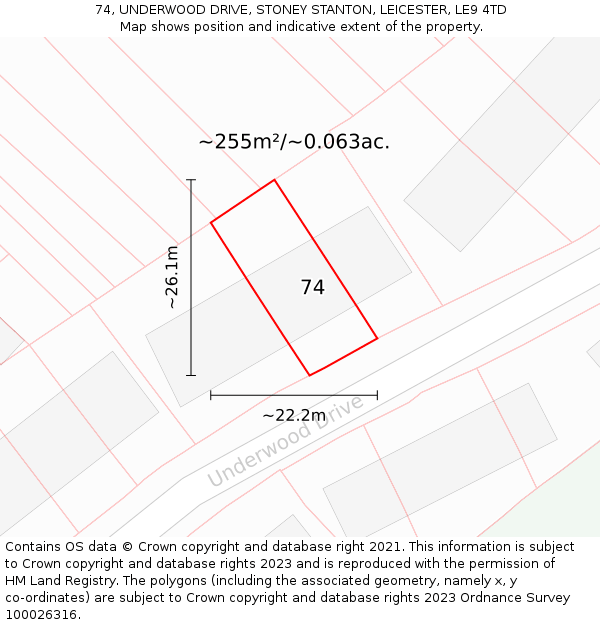 74, UNDERWOOD DRIVE, STONEY STANTON, LEICESTER, LE9 4TD: Plot and title map