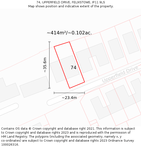 74, UPPERFIELD DRIVE, FELIXSTOWE, IP11 9LS: Plot and title map