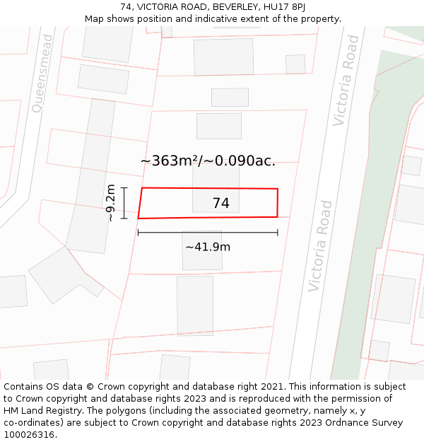 74, VICTORIA ROAD, BEVERLEY, HU17 8PJ: Plot and title map