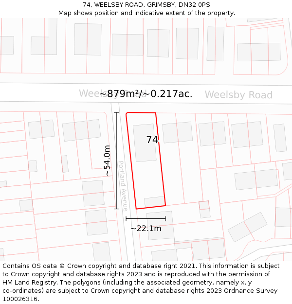 74, WEELSBY ROAD, GRIMSBY, DN32 0PS: Plot and title map