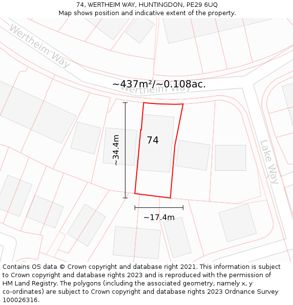 74, WERTHEIM WAY, HUNTINGDON, PE29 6UQ: Plot and title map