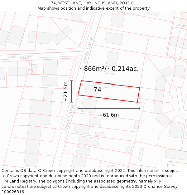 74, WEST LANE, HAYLING ISLAND, PO11 0JL: Plot and title map