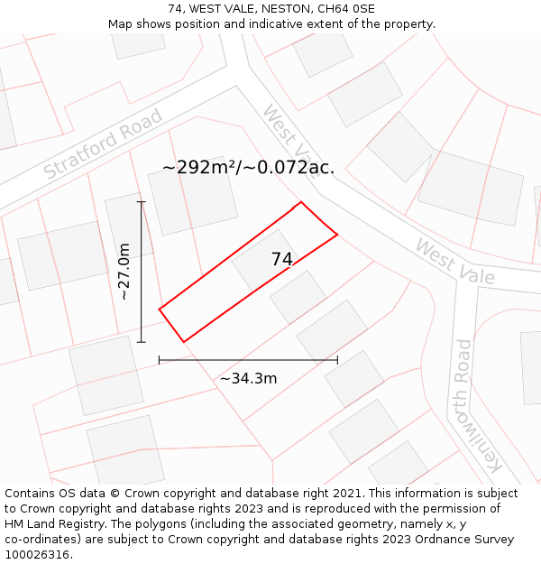 74, WEST VALE, NESTON, CH64 0SE: Plot and title map