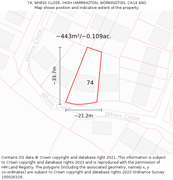 74, WHINS CLOSE, HIGH HARRINGTON, WORKINGTON, CA14 4AD: Plot and title map