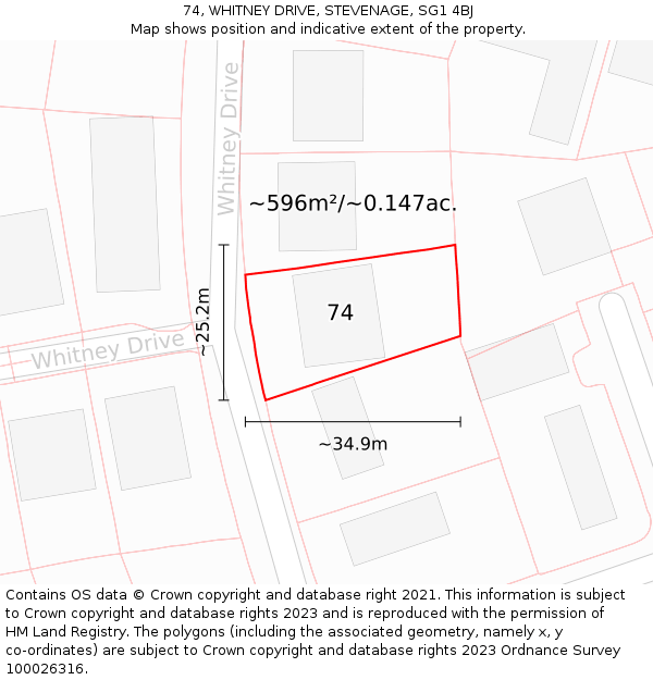 74, WHITNEY DRIVE, STEVENAGE, SG1 4BJ: Plot and title map