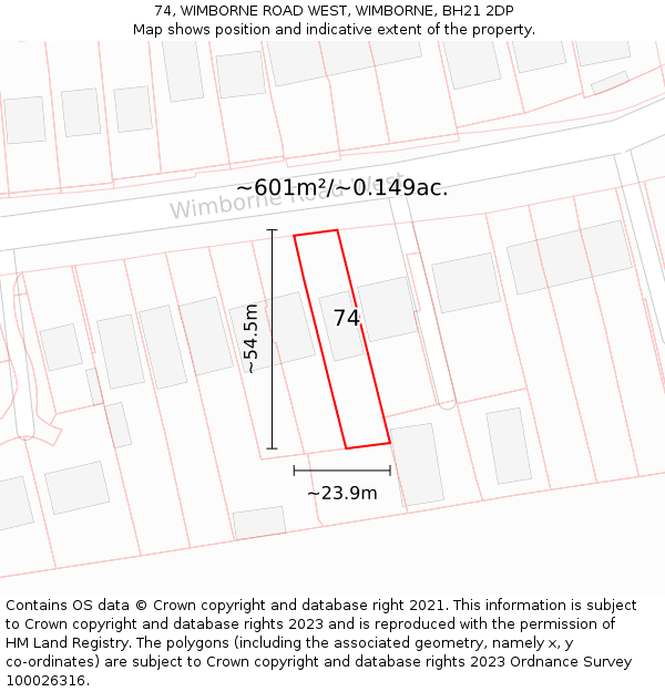 74, WIMBORNE ROAD WEST, WIMBORNE, BH21 2DP: Plot and title map