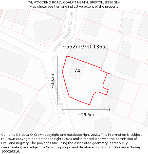 74, WOODEND ROAD, COALPIT HEATH, BRISTOL, BS36 2LH: Plot and title map