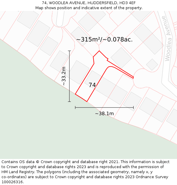 74, WOODLEA AVENUE, HUDDERSFIELD, HD3 4EF: Plot and title map