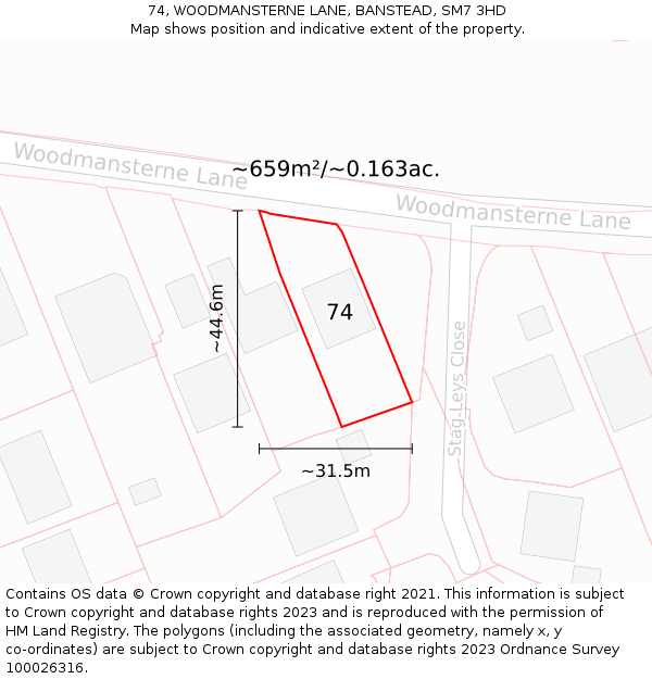 74, WOODMANSTERNE LANE, BANSTEAD, SM7 3HD: Plot and title map