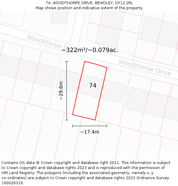 74, WOODTHORPE DRIVE, BEWDLEY, DY12 2RL: Plot and title map