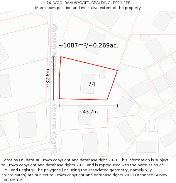 74, WOOLRAM WYGATE, SPALDING, PE11 1PE: Plot and title map