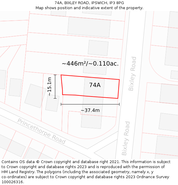 74A, BIXLEY ROAD, IPSWICH, IP3 8PG: Plot and title map